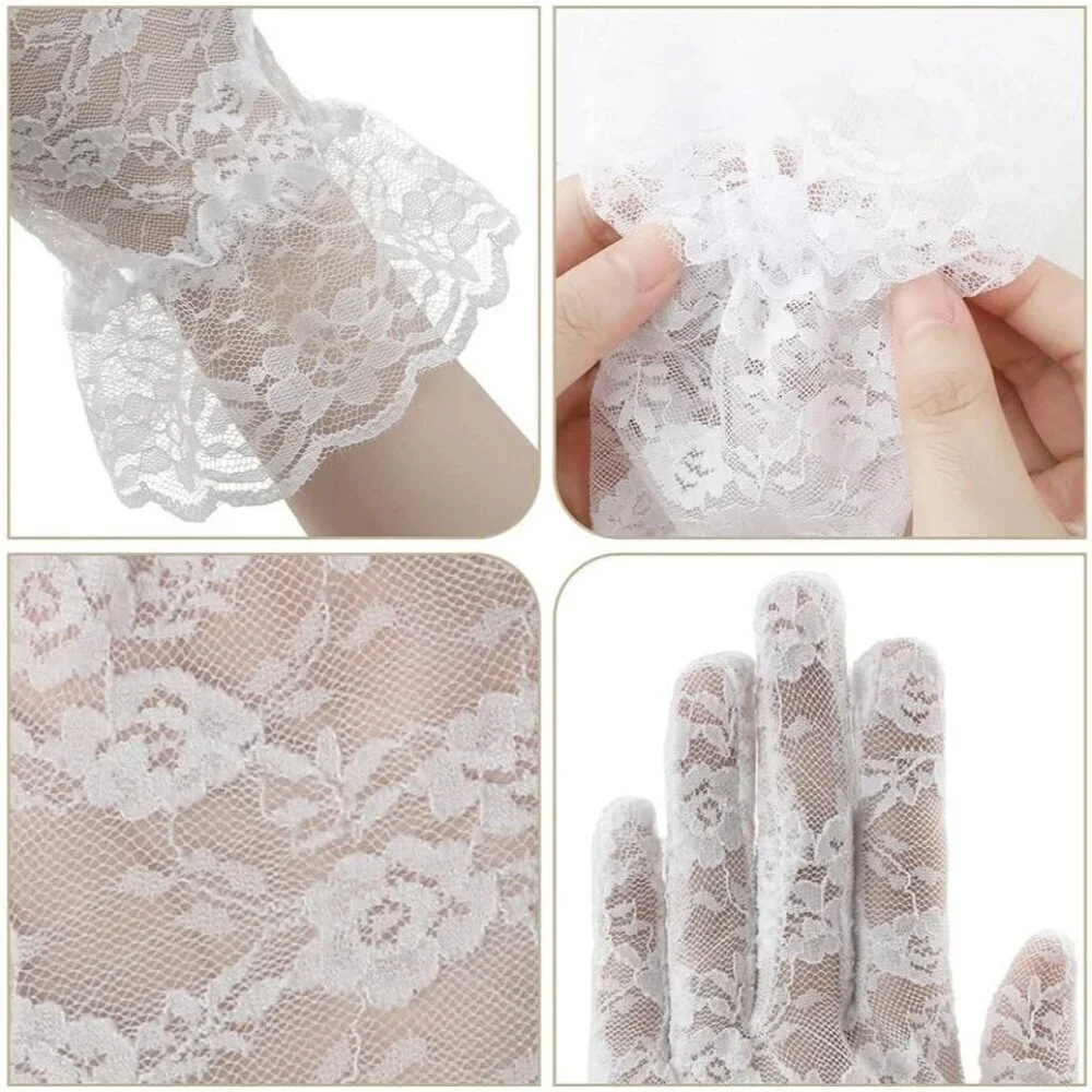 Women's Evening White Flower Pattern Lace Gloves Design Wedding Party Prom